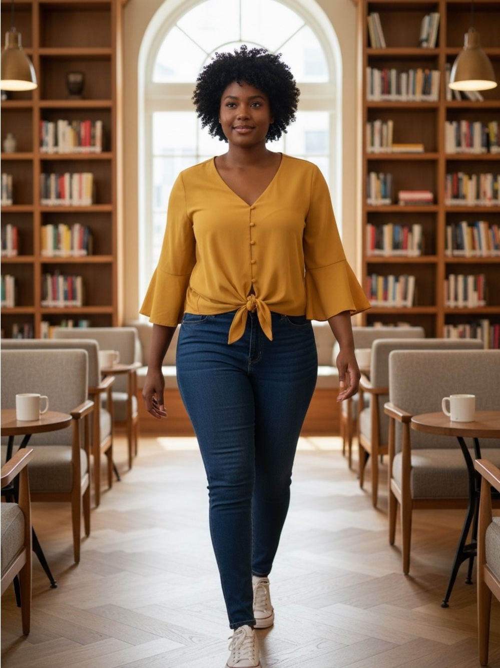 Tie-Front V-Neck Blouse in Mustard